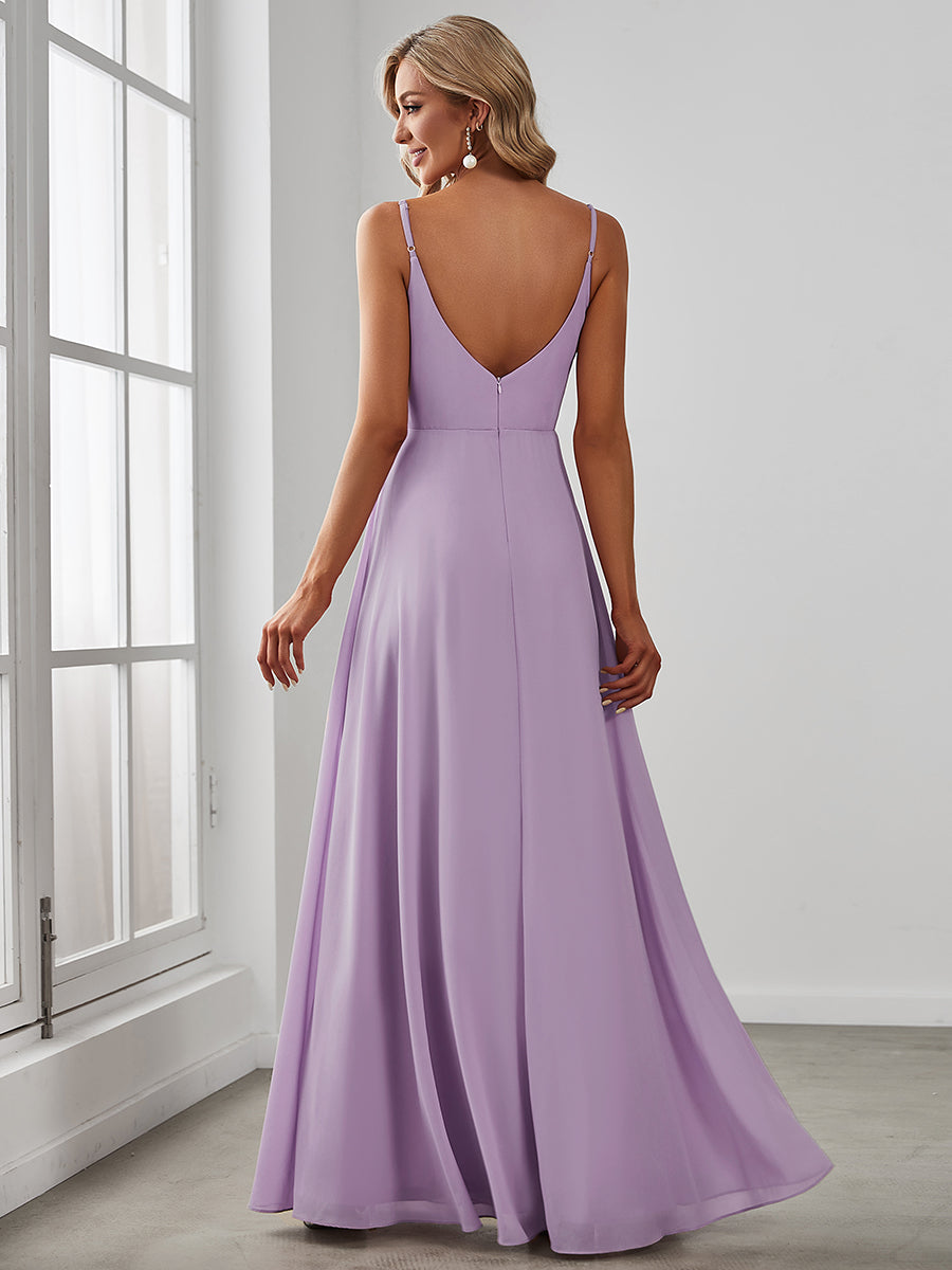 Pleated V-Neck Spaghetti Strap High Slit Bridesmaid Dress #color_Frosted Lilac
