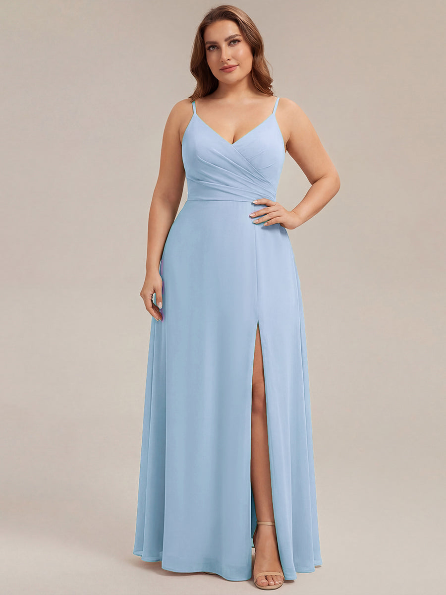 Pleated V-Neck Spaghetti Strap High Slit Bridesmaid Dress #color_Ice Blue