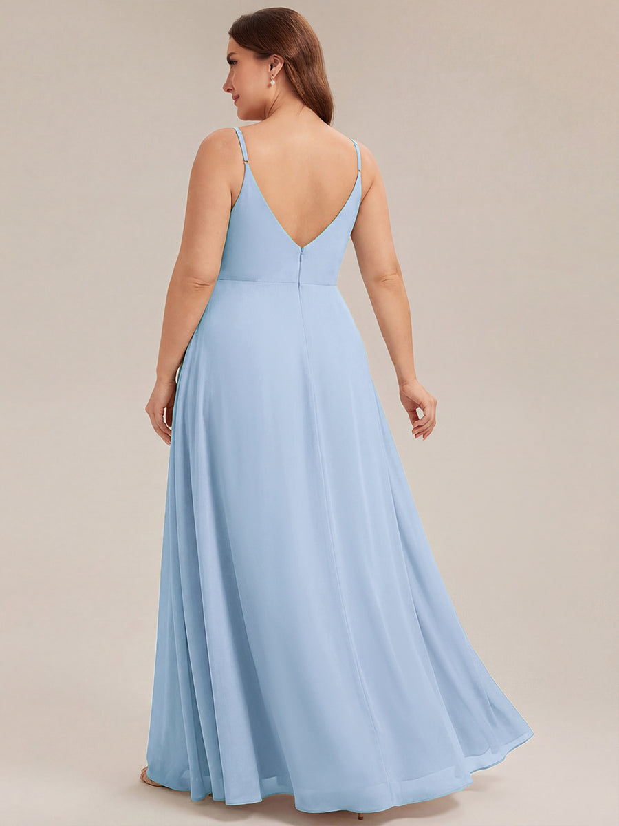Pleated V-Neck Spaghetti Strap High Slit Bridesmaid Dress #color_Ice Blue