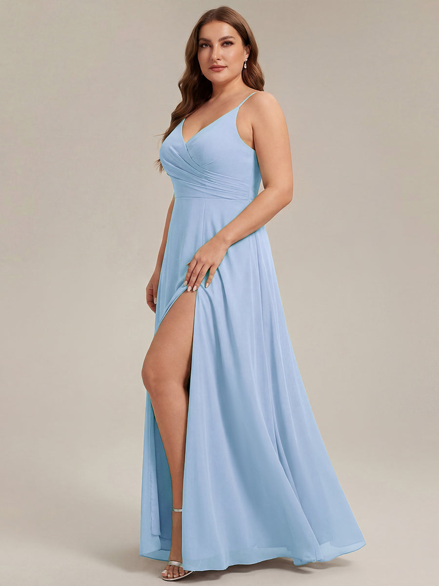 Pleated V-Neck Spaghetti Strap High Slit Bridesmaid Dress #color_Ice Blue