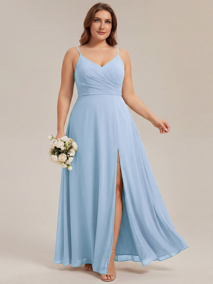 Pleated V-Neck Spaghetti Strap High Slit Bridesmaid Dress #color_Ice Blue