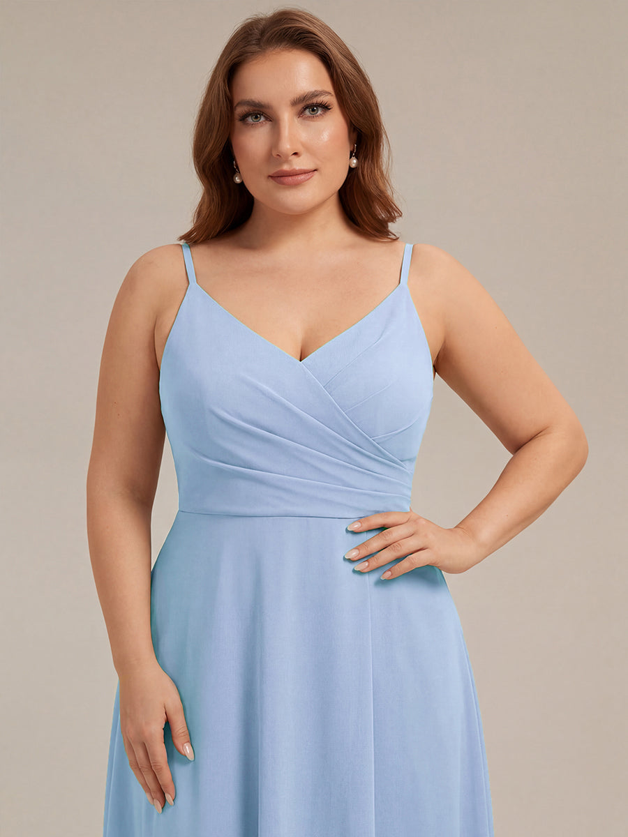 Pleated V-Neck Spaghetti Strap High Slit Bridesmaid Dress #color_Ice Blue