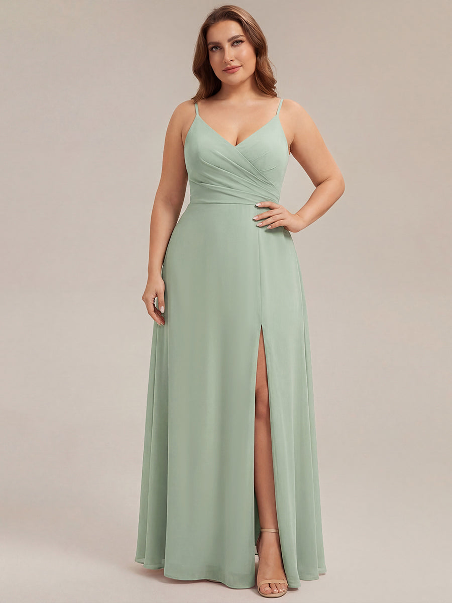 Pleated V-Neck Spaghetti Strap High Slit Bridesmaid Dress #color_Mint Green