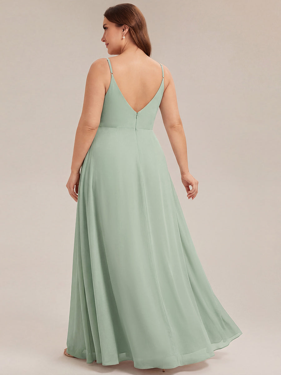 Pleated V-Neck Spaghetti Strap High Slit Bridesmaid Dress #color_Mint Green