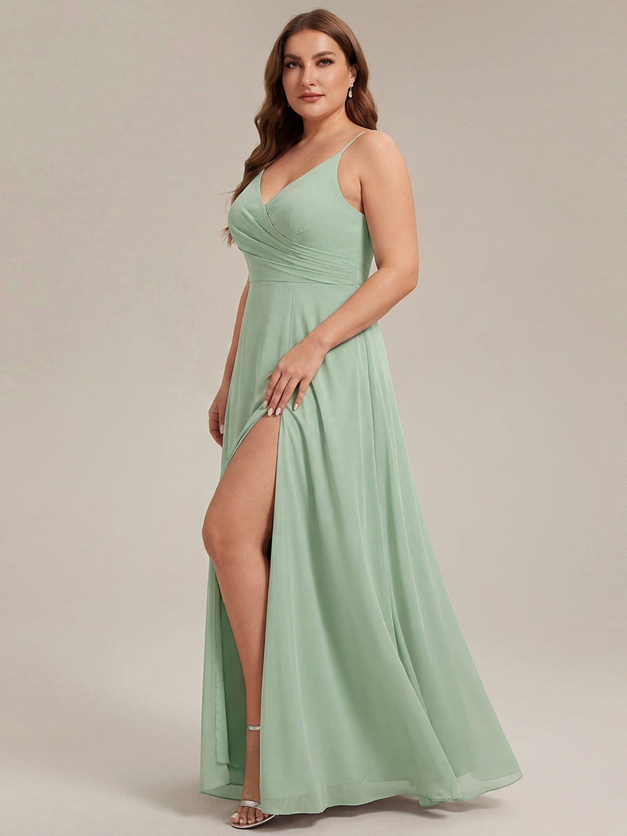 Pleated V-Neck Spaghetti Strap High Slit Bridesmaid Dress #color_Mint Green