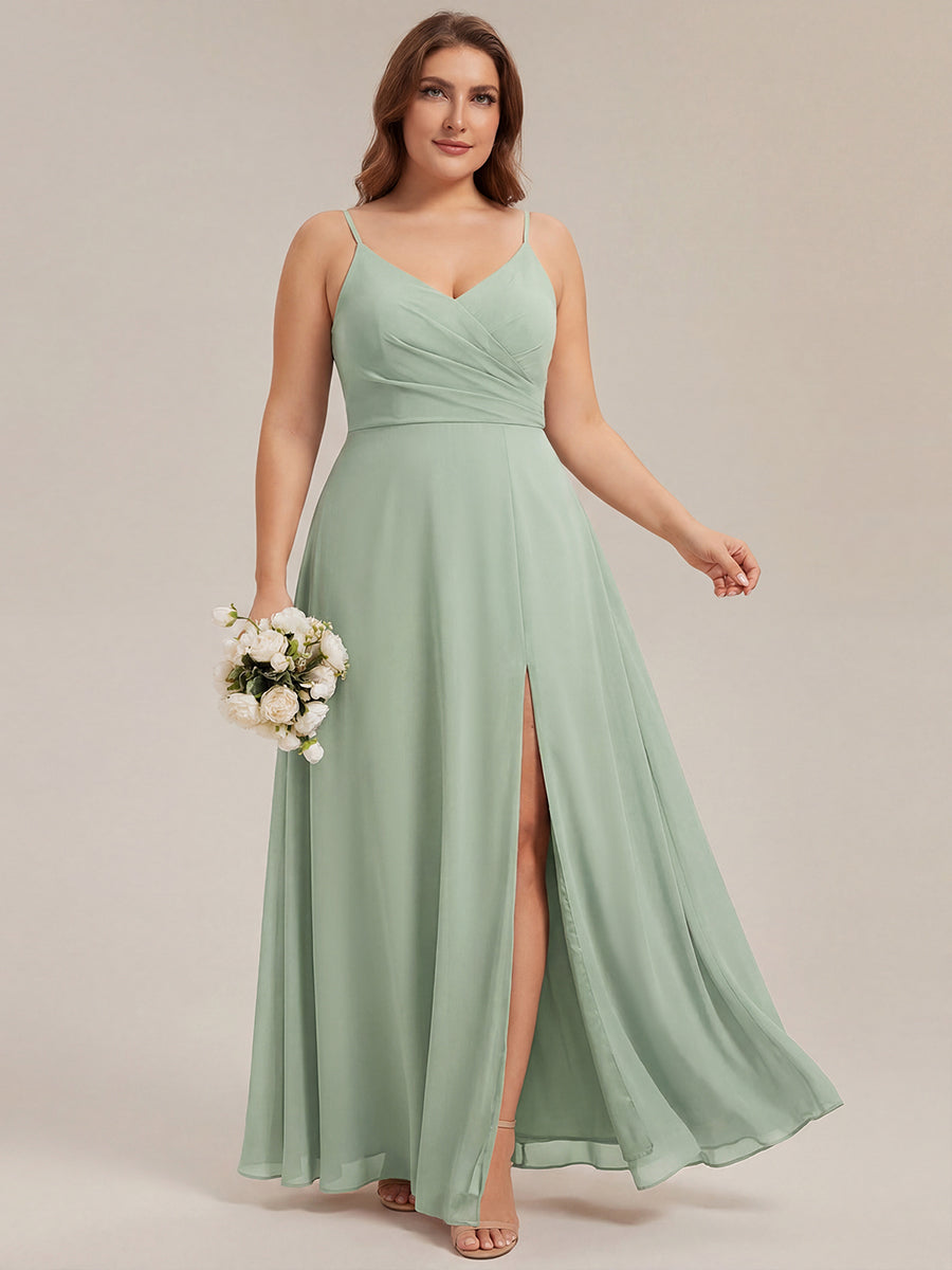 Pleated V-Neck Spaghetti Strap High Slit Bridesmaid Dress #color_Mint Green