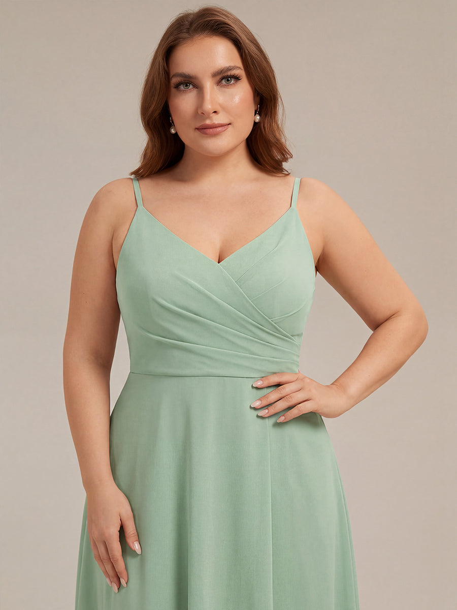 Pleated V-Neck Spaghetti Strap High Slit Bridesmaid Dress #color_Mint Green