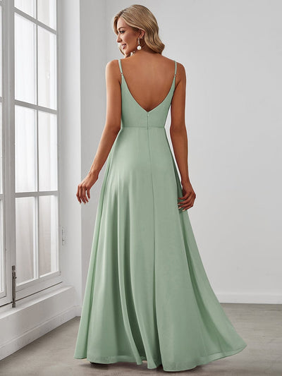 Pleated V-Neck Spaghetti Strap High Slit Bridesmaid Dress #color_Mint Green