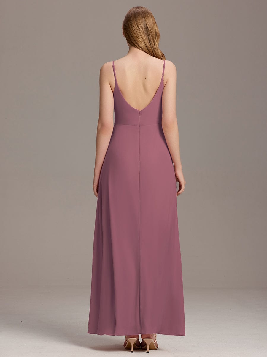 Pleated V-Neck Spaghetti Strap High Slit Bridesmaid Dress #color_Purple Orchid
