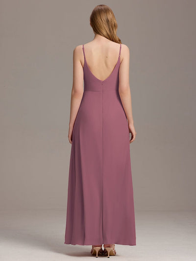Pleated V-Neck Spaghetti Strap High Slit Bridesmaid Dress #color_Purple Orchid