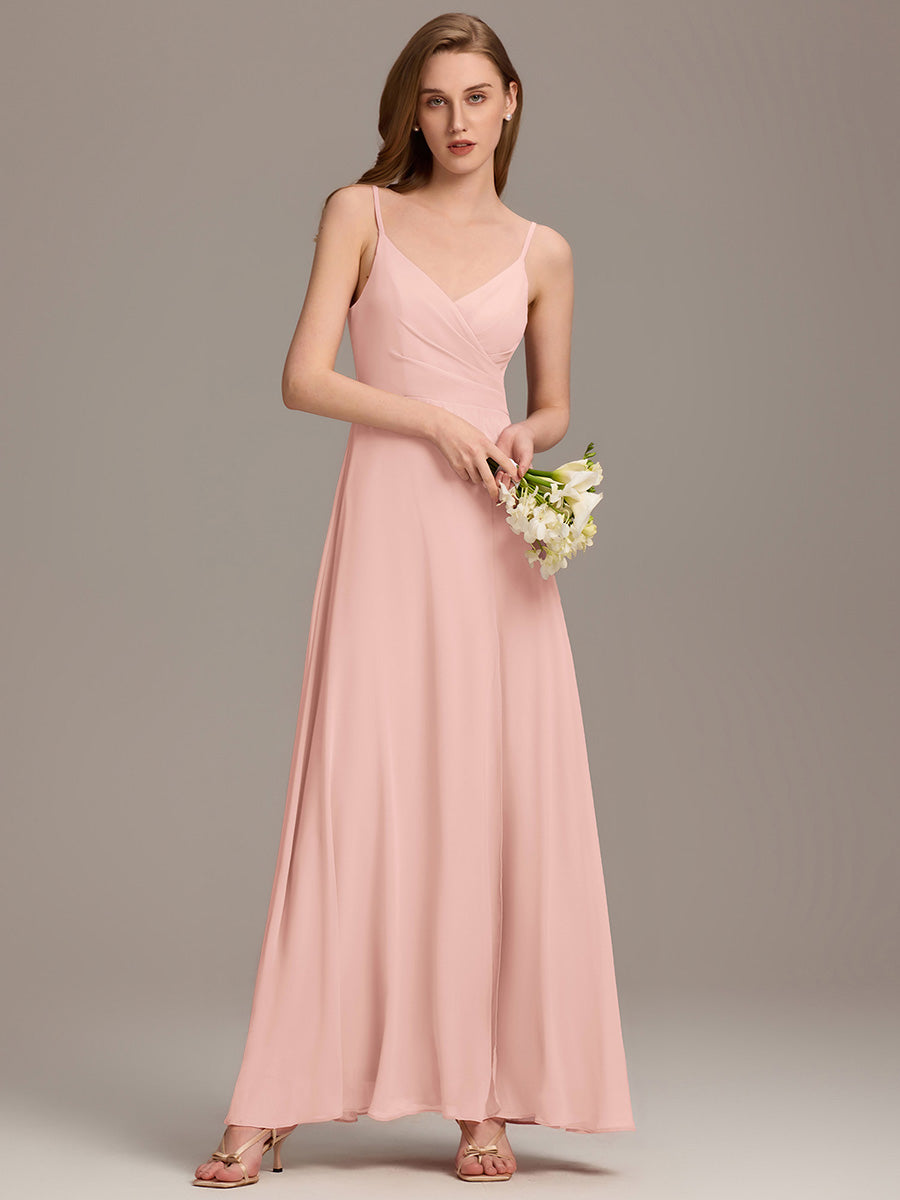 Pleated V-Neck Spaghetti Strap High Slit Bridesmaid Dress #color_Pink