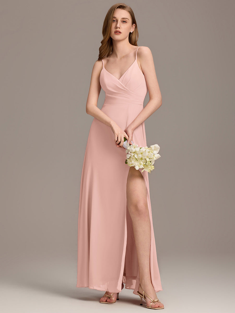 Pleated V-Neck Spaghetti Strap High Slit Bridesmaid Dress #color_Pink