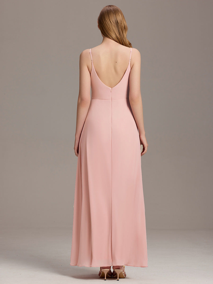Pleated V-Neck Spaghetti Strap High Slit Bridesmaid Dress #color_Pink