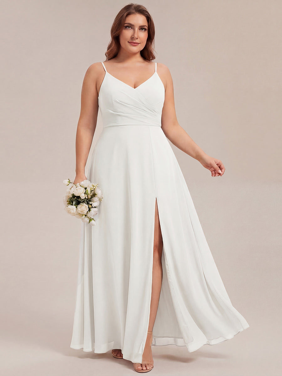 Pleated V-Neck Spaghetti Strap High Slit Bridesmaid Dress #color_White