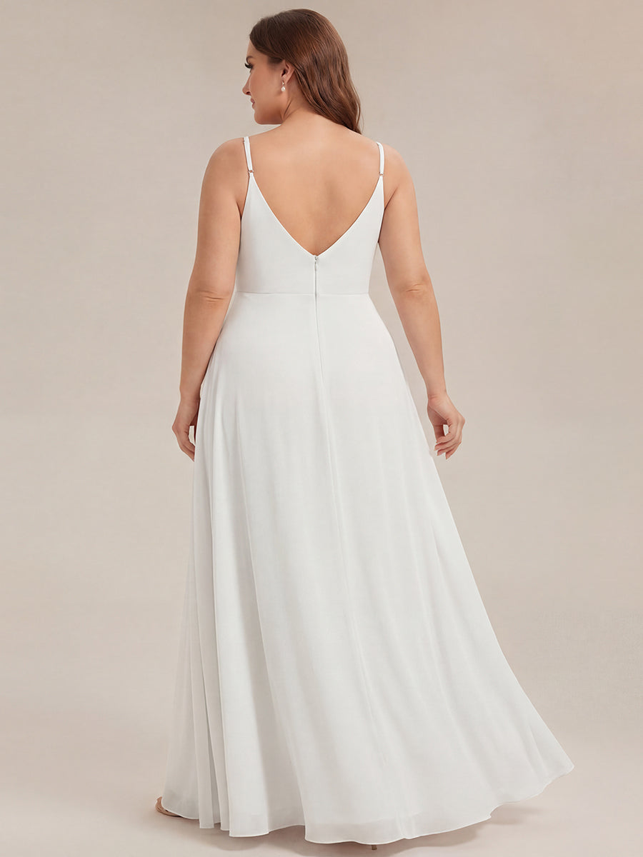 Pleated V-Neck Spaghetti Strap High Slit Bridesmaid Dress #color_White