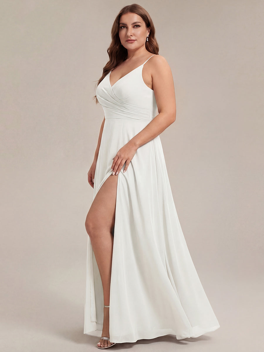 Pleated V-Neck Spaghetti Strap High Slit Bridesmaid Dress #color_White