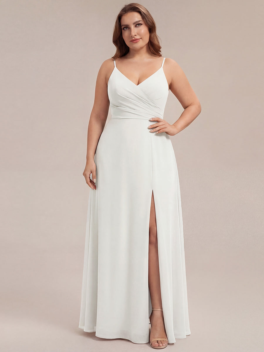 Pleated V-Neck Spaghetti Strap High Slit Bridesmaid Dress #color_White