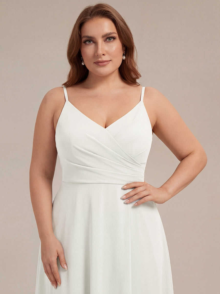 Pleated V-Neck Spaghetti Strap High Slit Bridesmaid Dress #color_White
