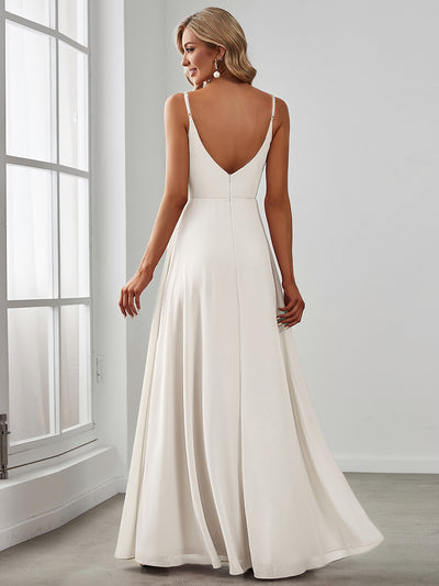 Pleated V-Neck Spaghetti Strap High Slit Bridesmaid Dress #color_White