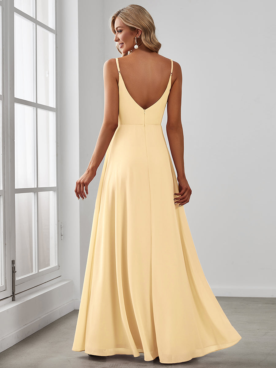 Pleated V-Neck Spaghetti Strap High Slit Bridesmaid Dress #color_Yellow
