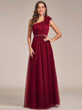 Ruffled Asymmetrical Single Strap Sequin Waist Tulle Bridesmaid Dress #Color_Burgundy