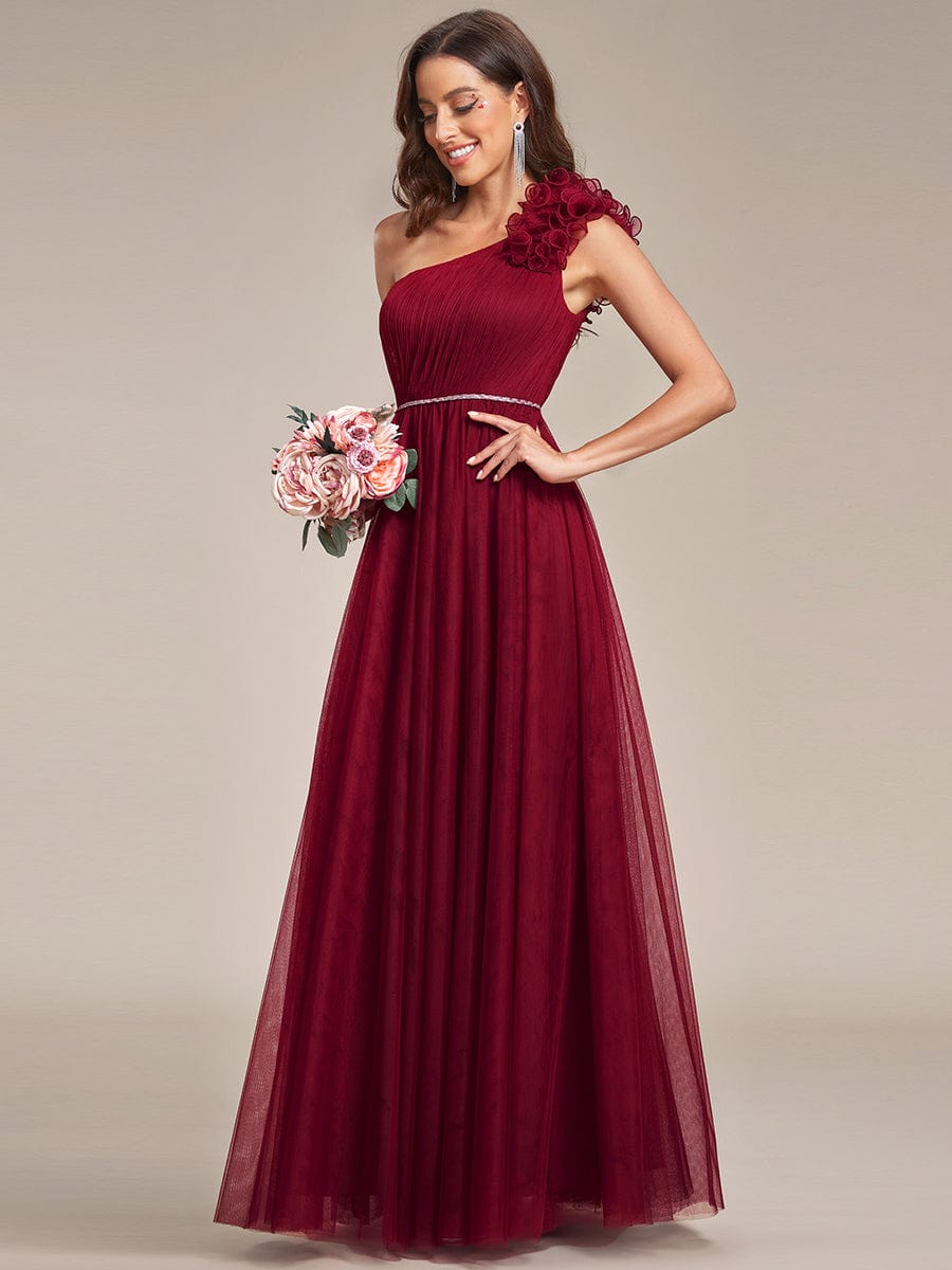 Ruffled Asymmetrical Single Strap Sequin Waist Tulle Bridesmaid Dress