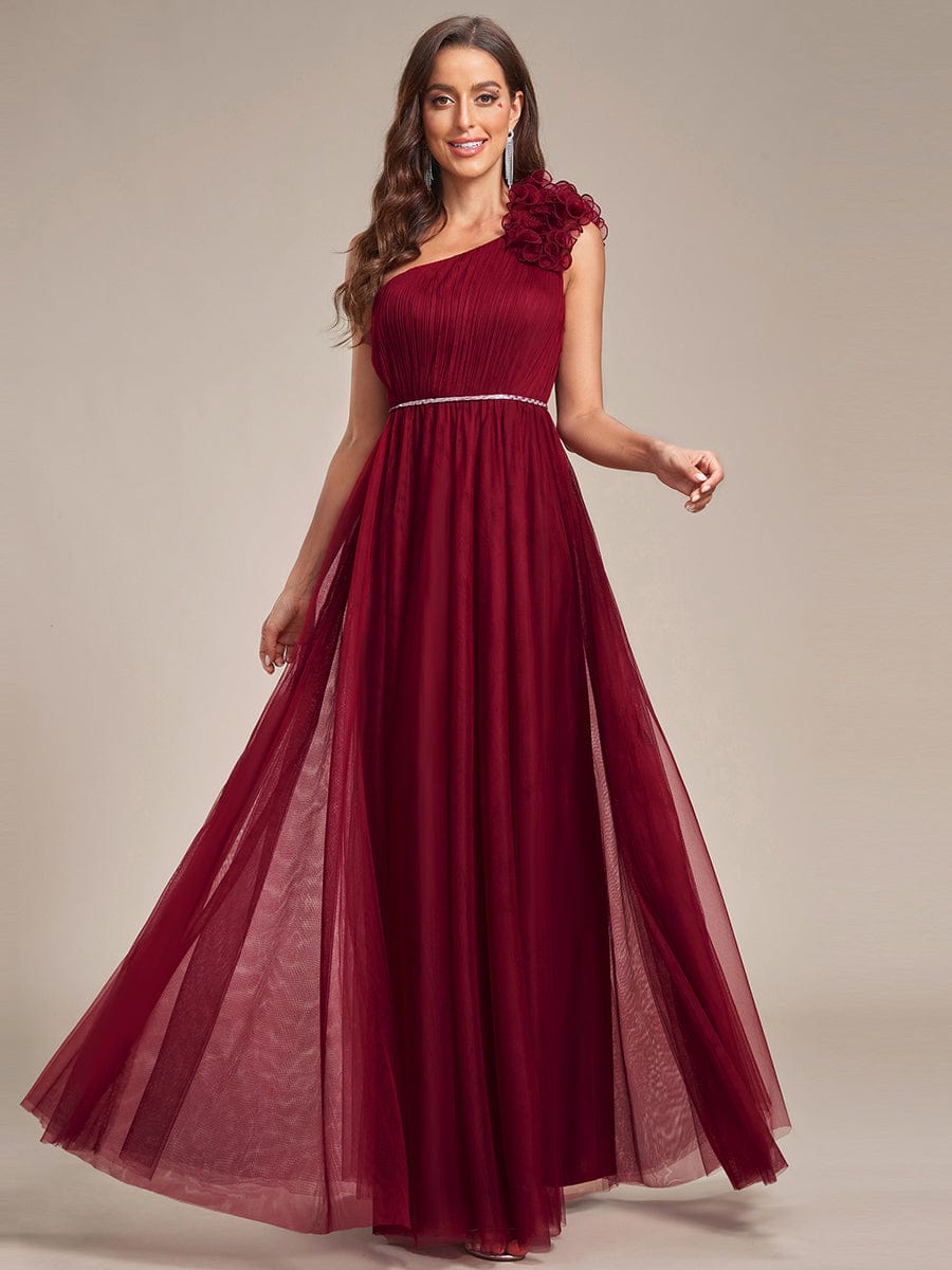 Ruffled Asymmetrical Single Strap Sequin Waist Tulle Bridesmaid Dress