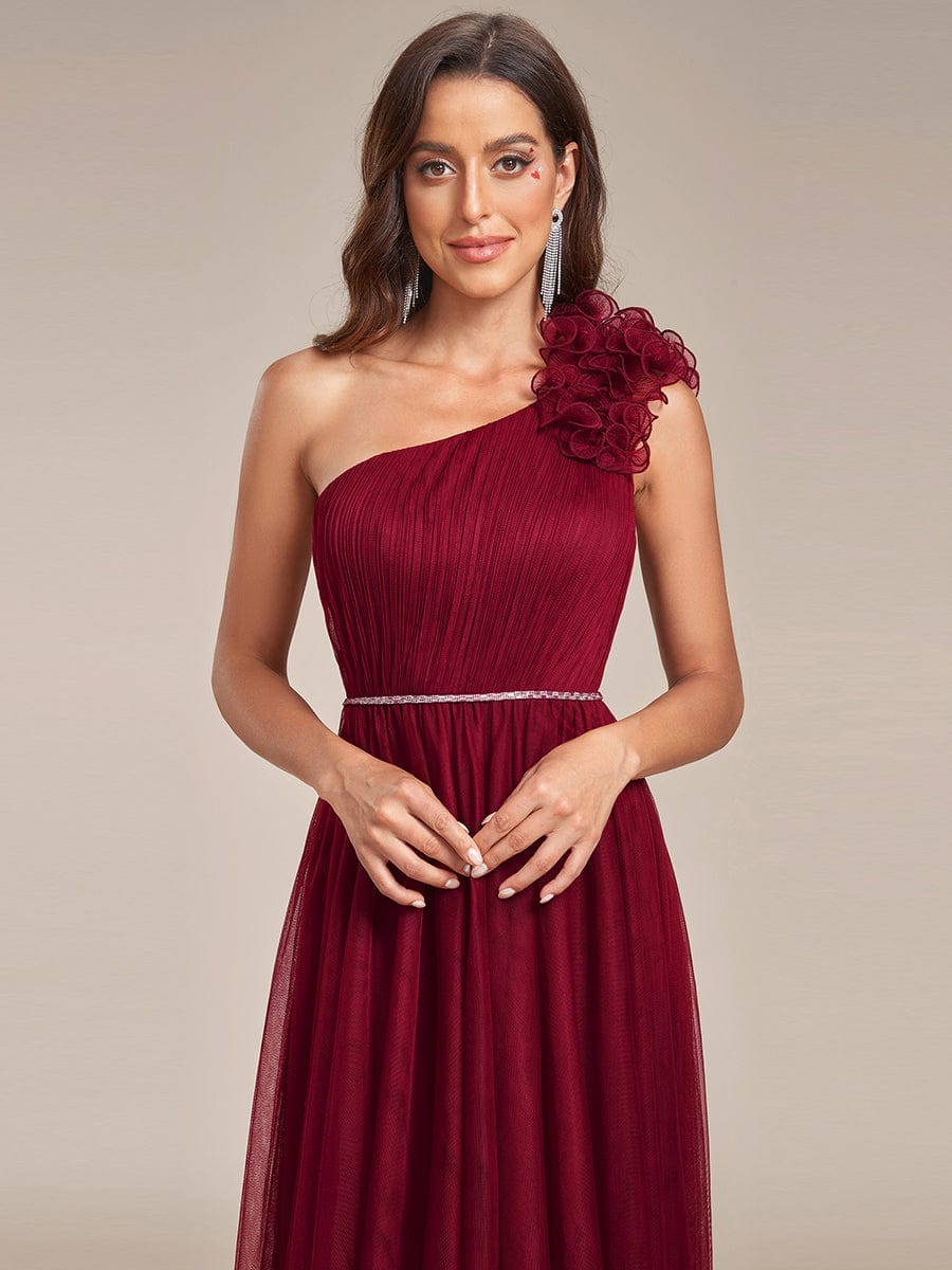 Ruffled Asymmetrical Single Strap Sequin Waist Tulle Bridesmaid Dress