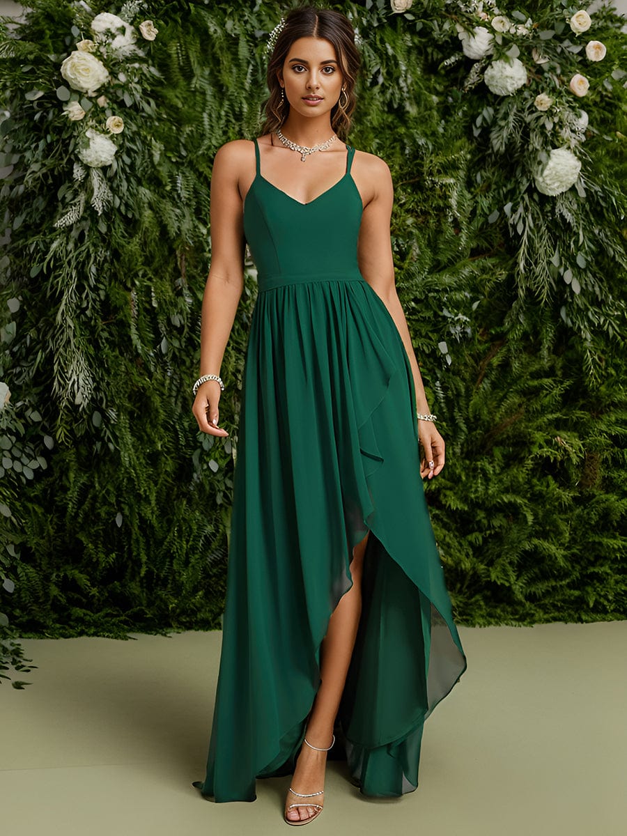Chiffon Spaghetti Strap Ruffled Front Slit A-Line Bridesmaid Dress #Color_Dark Green
