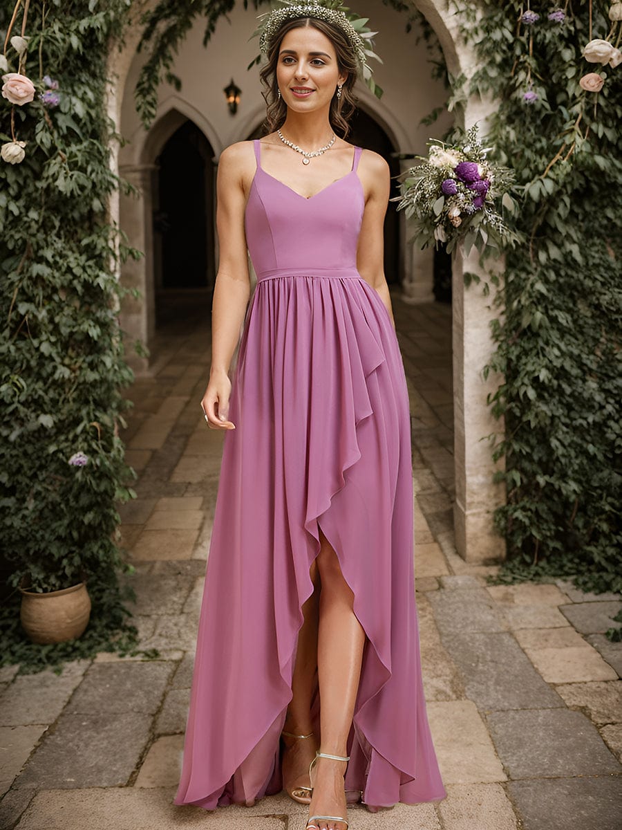 Chiffon Spaghetti Strap Ruffled Front Slit A-Line Bridesmaid Dress #Color_Purple Orchid