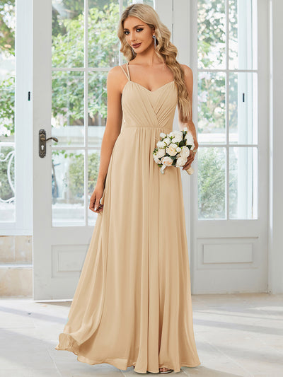 Chiffon and Lace Open Back Spaghetti Straps Bridesmaid Dress #color_Champagne
