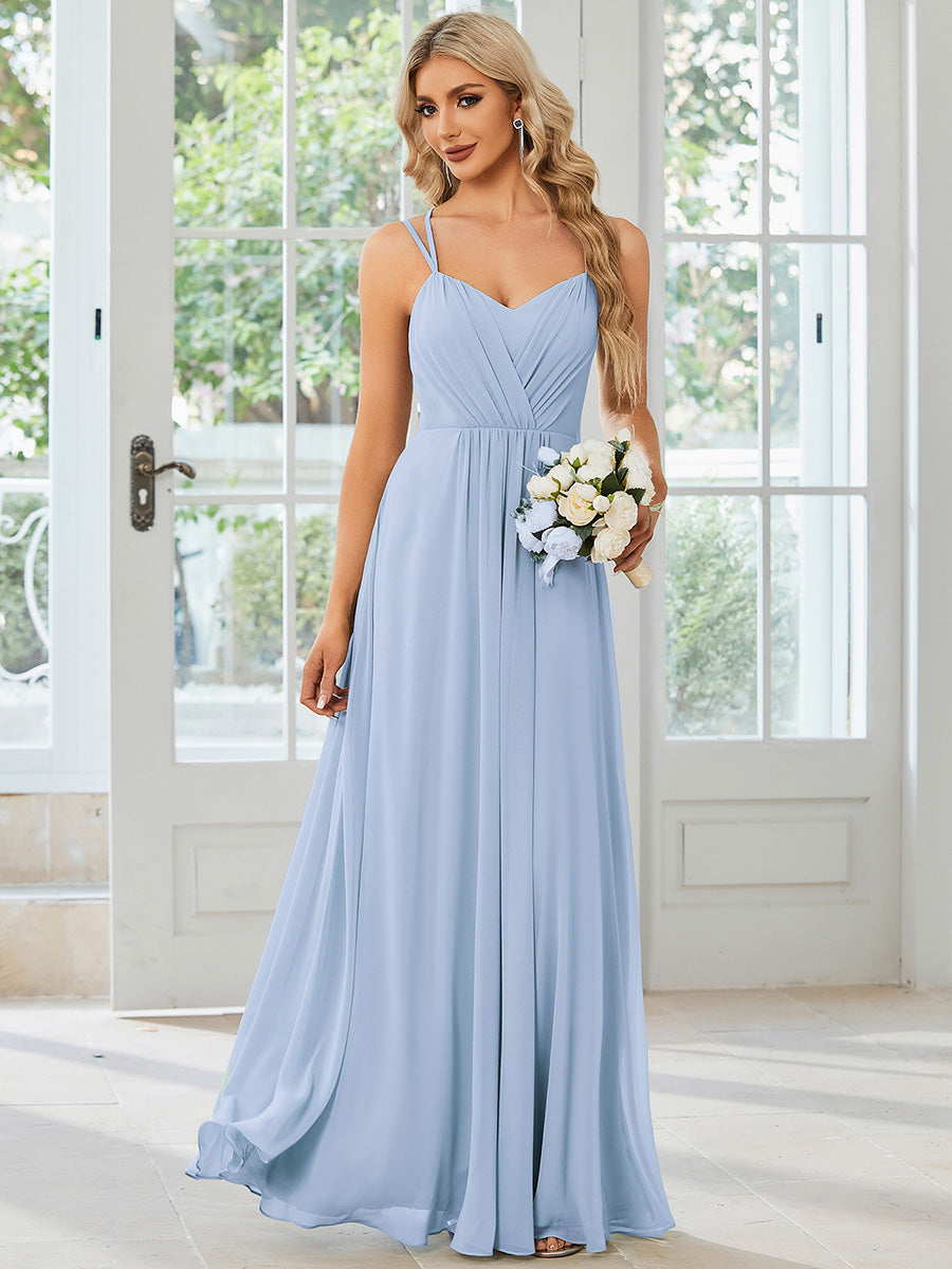 Chiffon and Lace Open Back Spaghetti Straps Bridesmaid Dress #color_Ice Blue