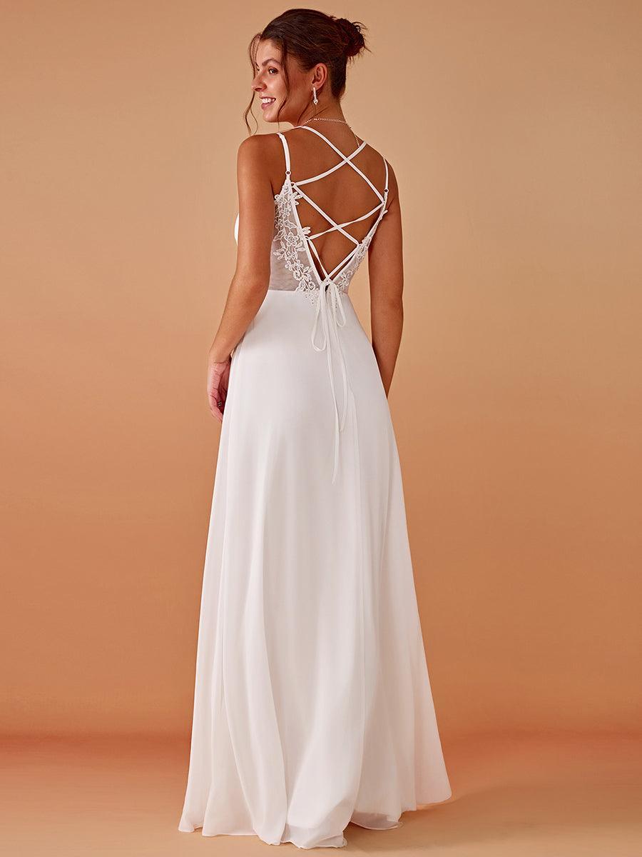 Chiffon and Lace Open Back Spaghetti Straps Bridesmaid Dress #color_White
