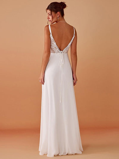 Chiffon and Lace Open Back Spaghetti Straps Bridesmaid Dress #color_White