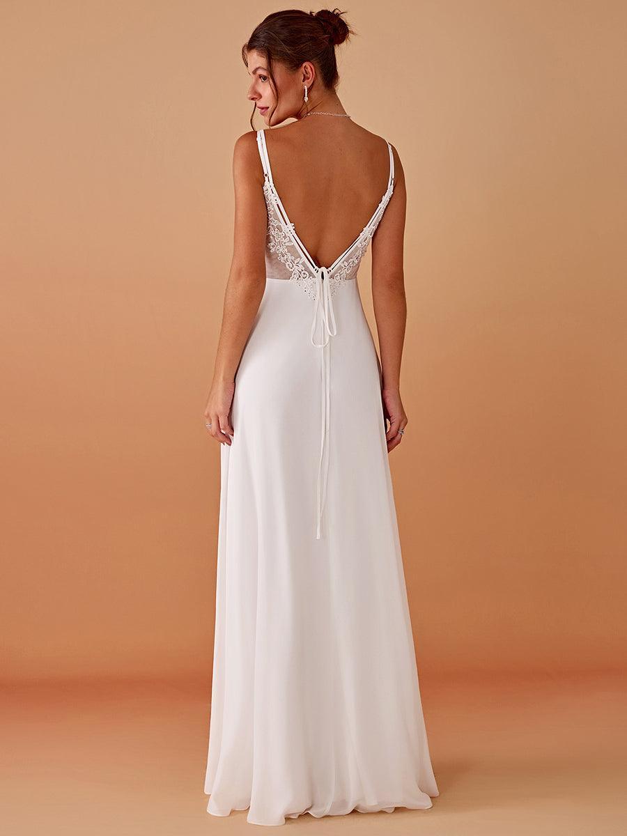 Chiffon and Lace Open Back Spaghetti Straps Bridesmaid Dress #color_White