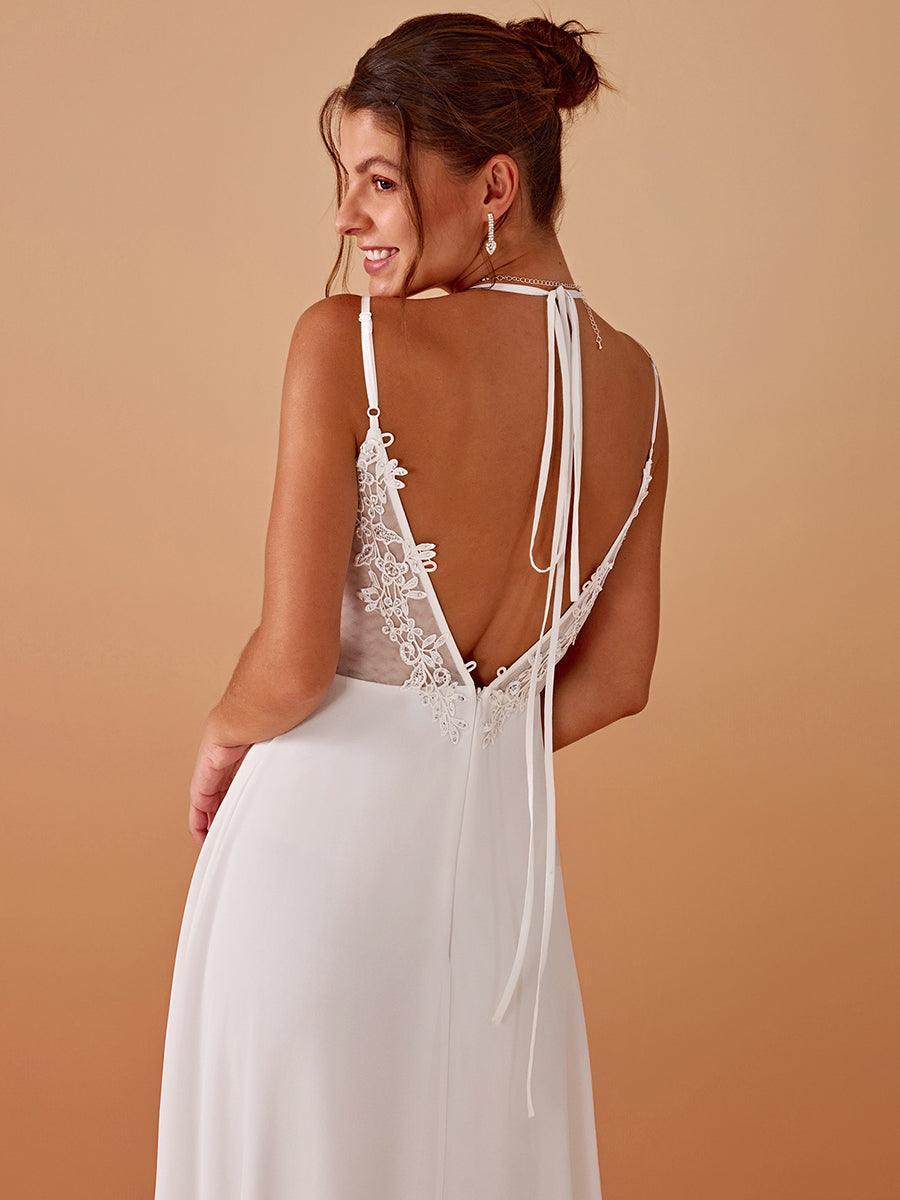 Chiffon and Lace Open Back Spaghetti Straps Bridesmaid Dress #color_White