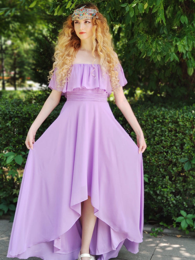 Plus Size Flowy Chiffon High-Low Off The Shoulder Bridesmaid Dress Fan Photos 2
