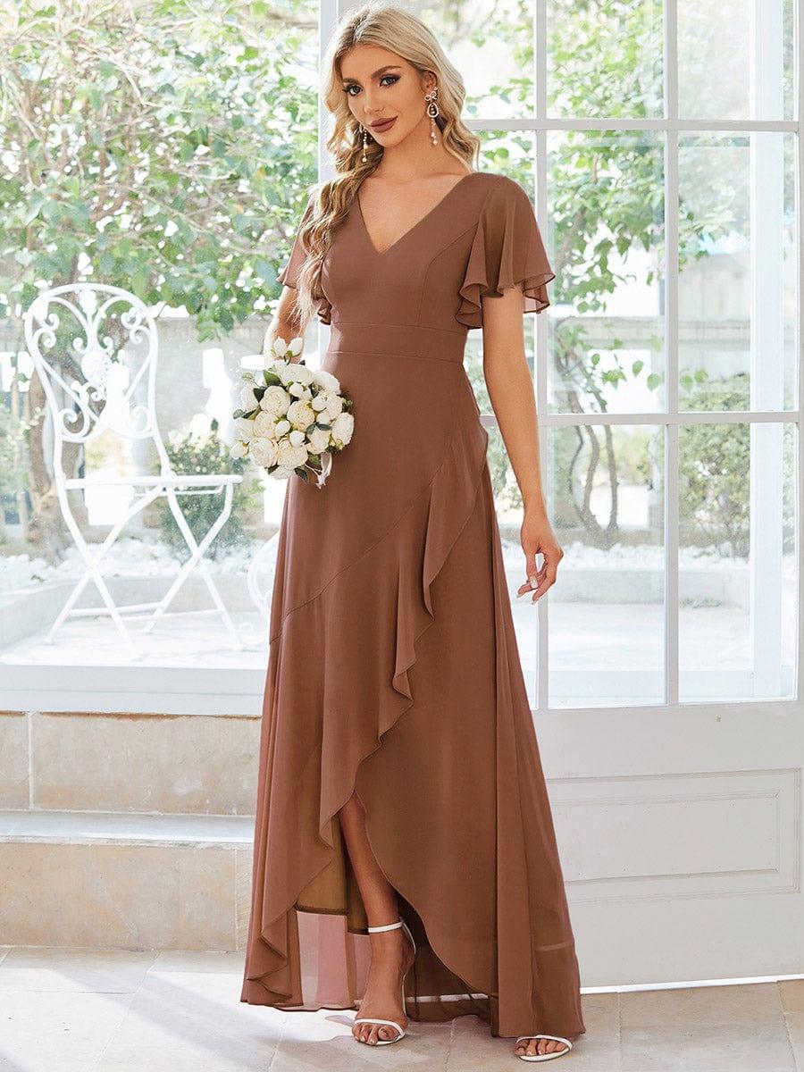Custom Size Flowy Chiffon Ruffled Bridesmaid Dress #color_Brown