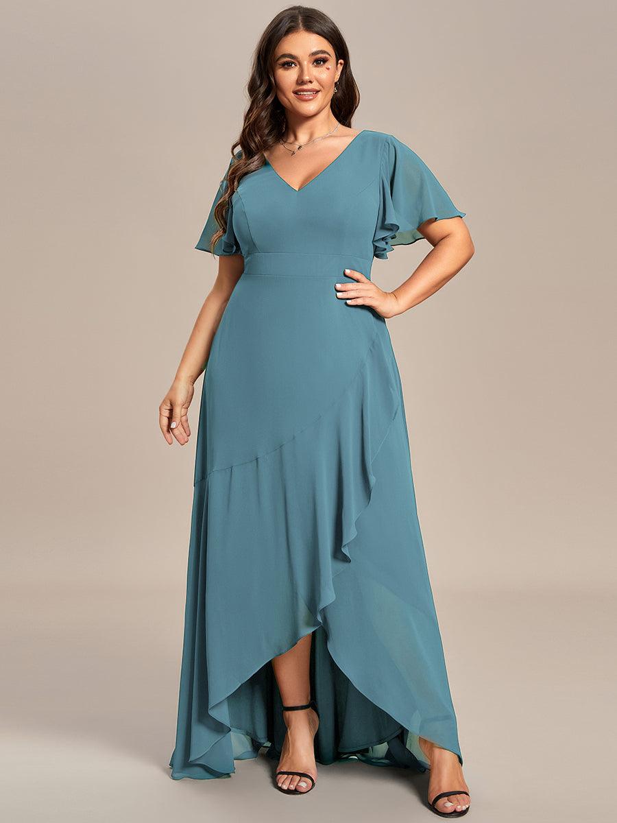 Robe demoiselle d'honneur mousseline élégante Manches lotus grande taille #Couleur_Bleu Fume