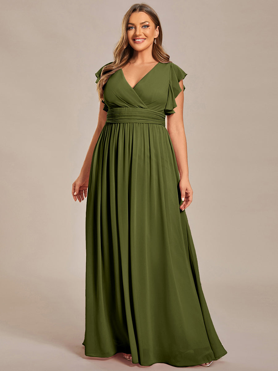 Ruffles Sleeve Back Cutout A-Line Maxi Chiffon Bridesmaid Dress #color_Olive Green