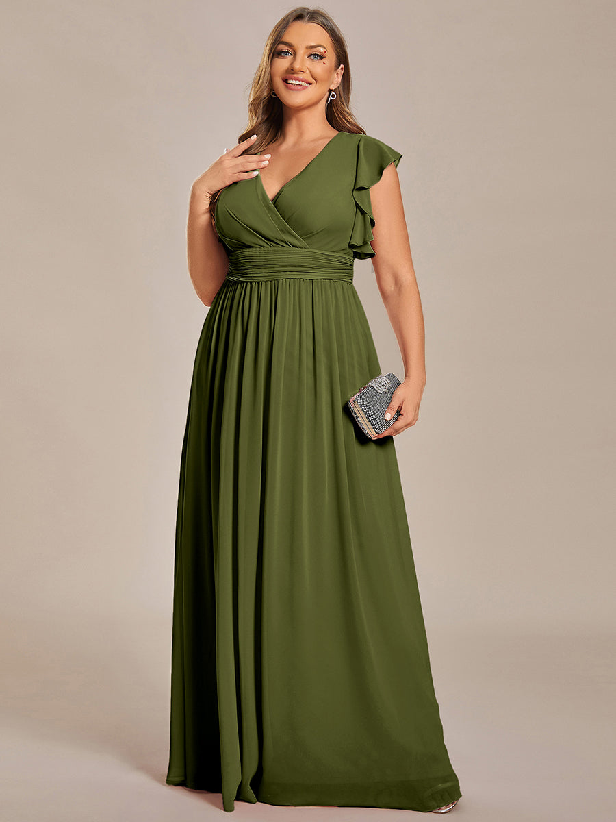 Ruffles Sleeve Back Cutout A-Line Maxi Chiffon Bridesmaid Dress #color_Olive Green