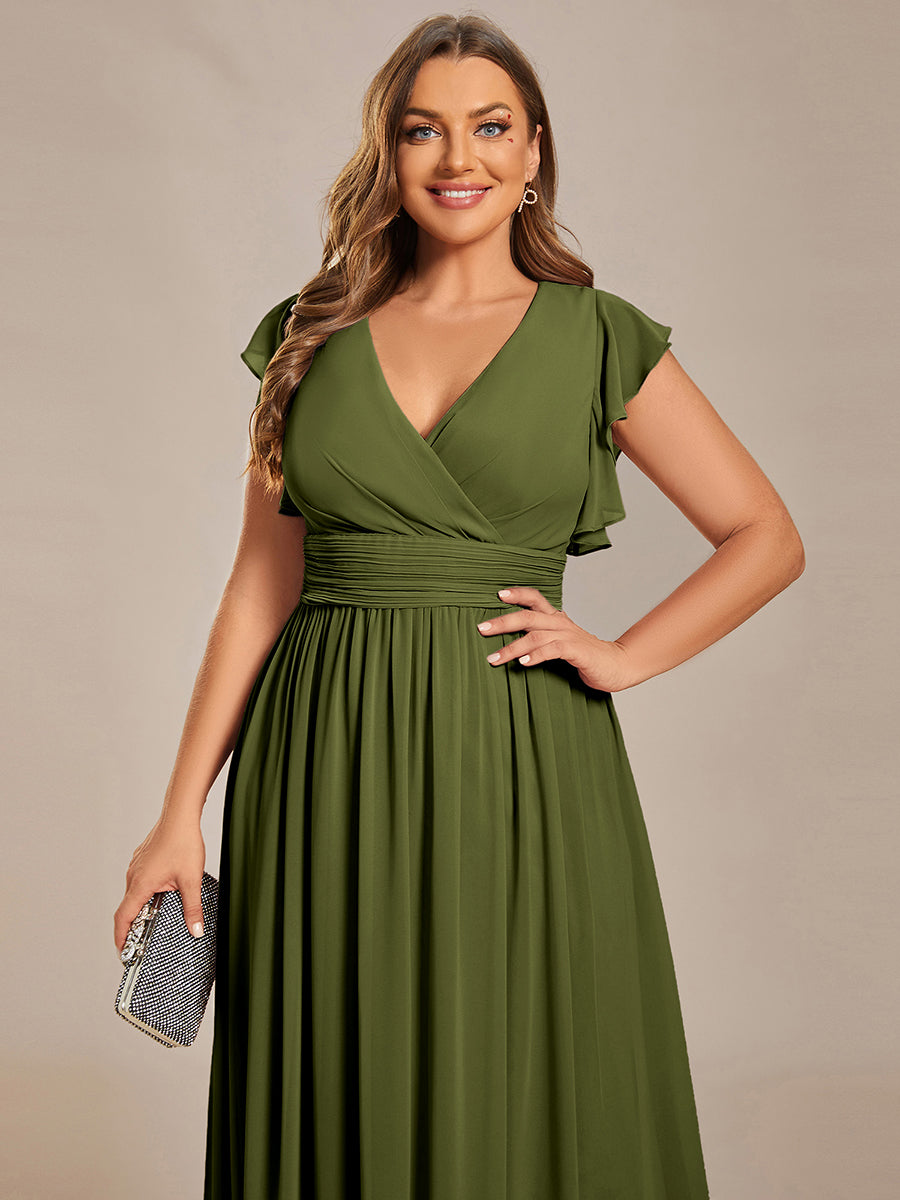 Ruffles Sleeve Back Cutout A-Line Maxi Chiffon Bridesmaid Dress #color_Olive Green