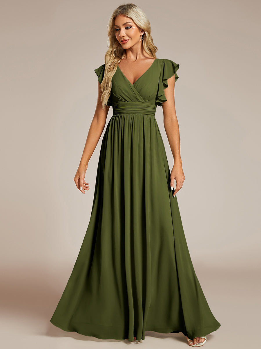 Ruffles Sleeve Back Cutout A-Line Maxi Chiffon Bridesmaid Dress #color_Olive Green