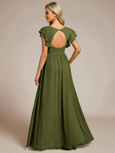 Ruffles Sleeve Back Cutout A-Line Maxi Chiffon Bridesmaid Dress #color_Olive Green
