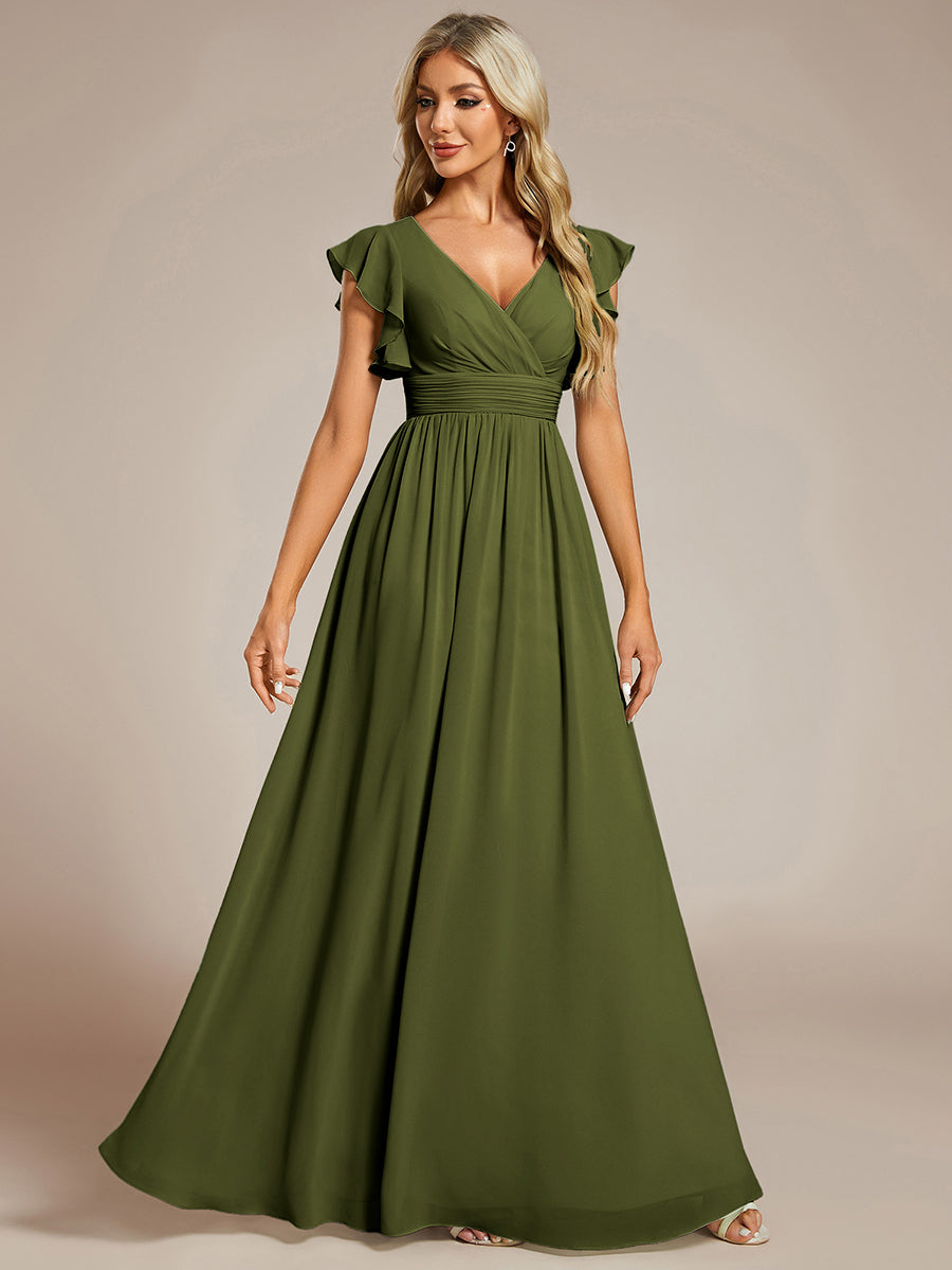 Ruffles Sleeve Back Cutout A-Line Maxi Chiffon Bridesmaid Dress #color_Olive Green
