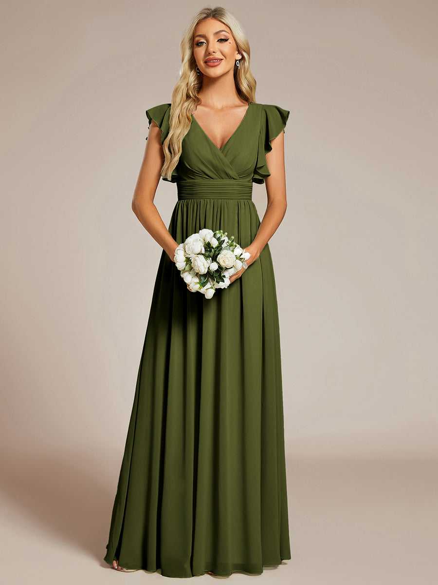 Ruffles Sleeve Back Cutout A-Line Maxi Chiffon Bridesmaid Dress #color_Olive Green