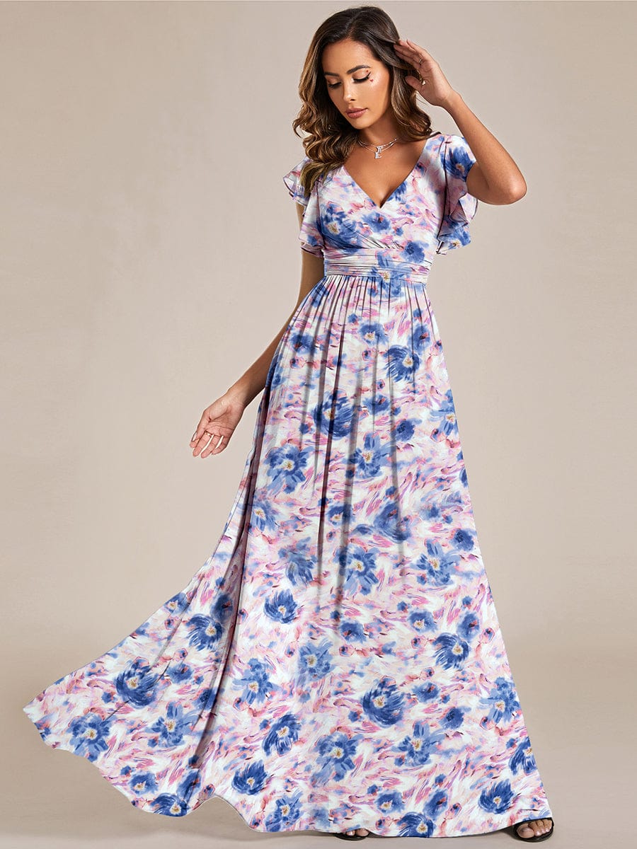 Back Cutout A-Line Pleated Ruffles Sleeve Chiffon Bridesmaid Dress #color_Azure Bream