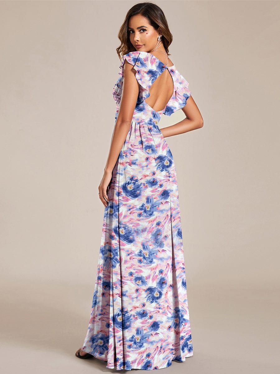 Back Cutout A-Line Pleated Ruffles Sleeve Chiffon Bridesmaid Dress #color_Azure Bream