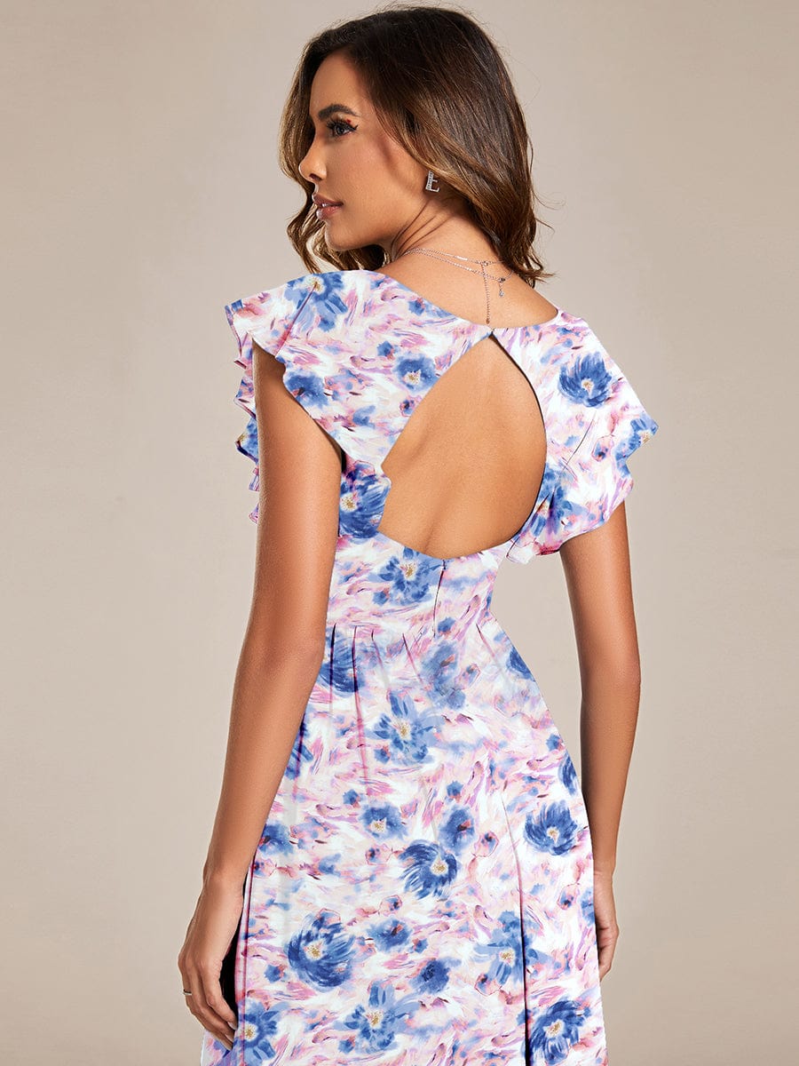 Back Cutout A-Line Pleated Ruffles Sleeve Chiffon Bridesmaid Dress #color_Azure Bream