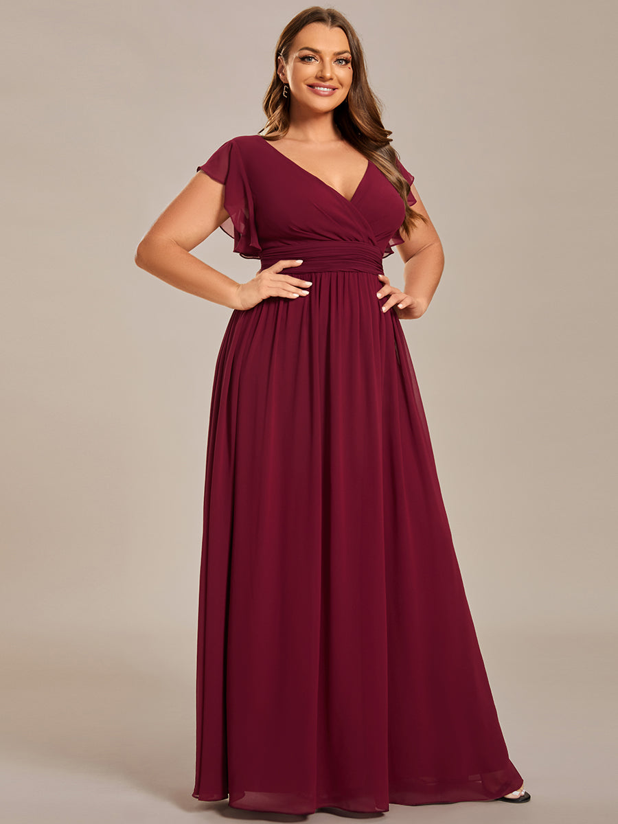 Pleated Chiffon Ruffle Sleeve Bridesmaid Dress #color_Burgundy